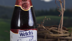 Close up of sparkling grape juice bottle